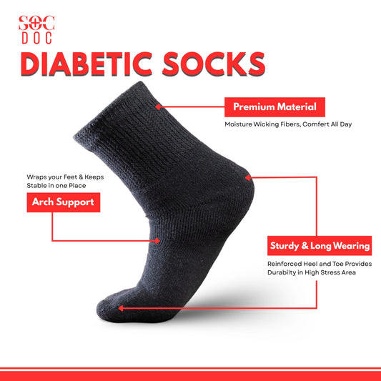 Diabetic Quarter Socks 3/6/9/12 Pairs, Non-Binding for Neuropathy & Circulation, Men & Women - Soc Doc
