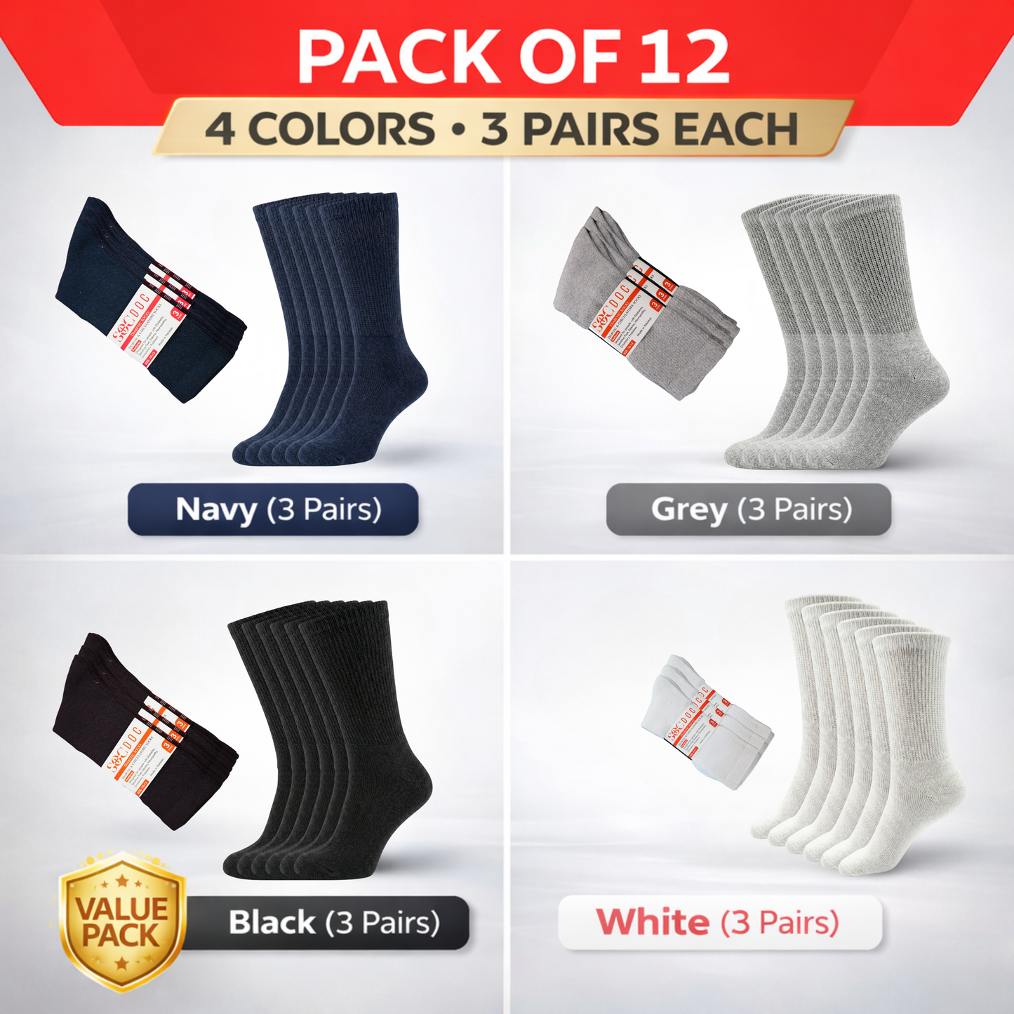 Multi-Color 12-Pair Diabetic CREW Socks, Non-Binding Comfort for Everyday Wear, Men & Women - SOC DOC