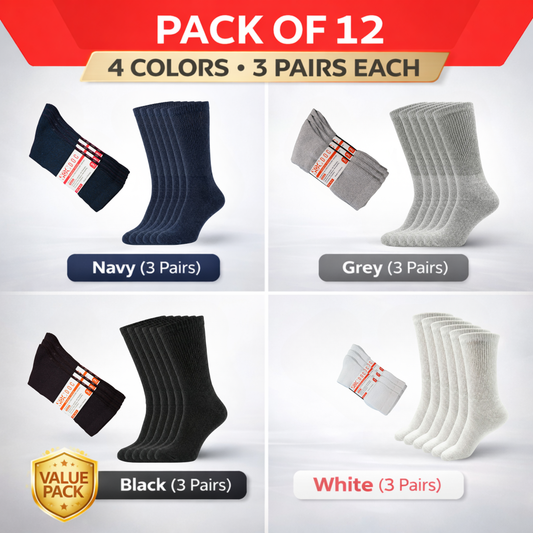 Multi-Color 12-Pair Diabetic CREW Socks, Non-Binding Comfort for Everyday Wear, Men & Women - SOC DOC