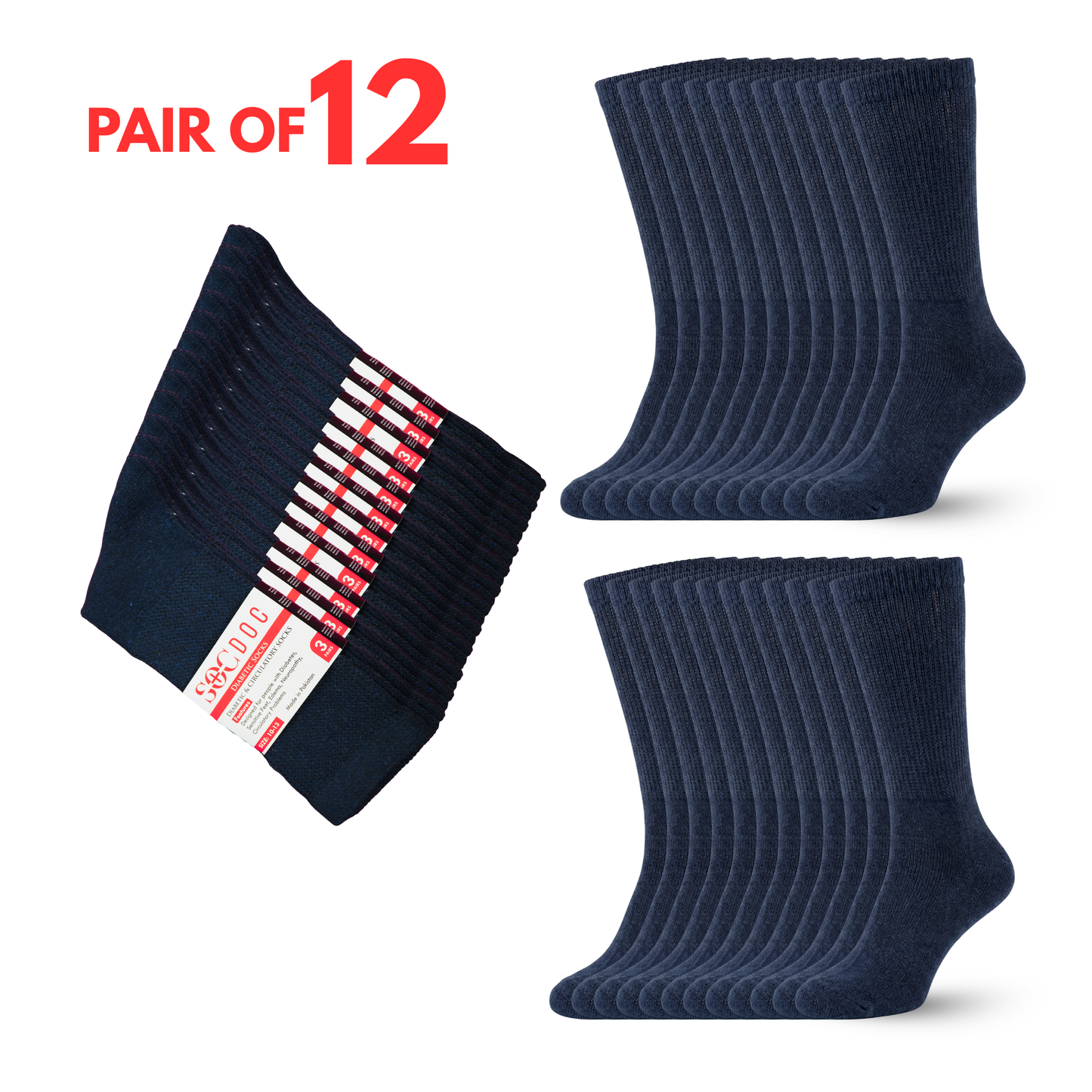 12-Pair Diabetic Crew Socks for Men & Women, Non-Binding Seamless Comfort, Breathable Cotton Blend - Soc Doc