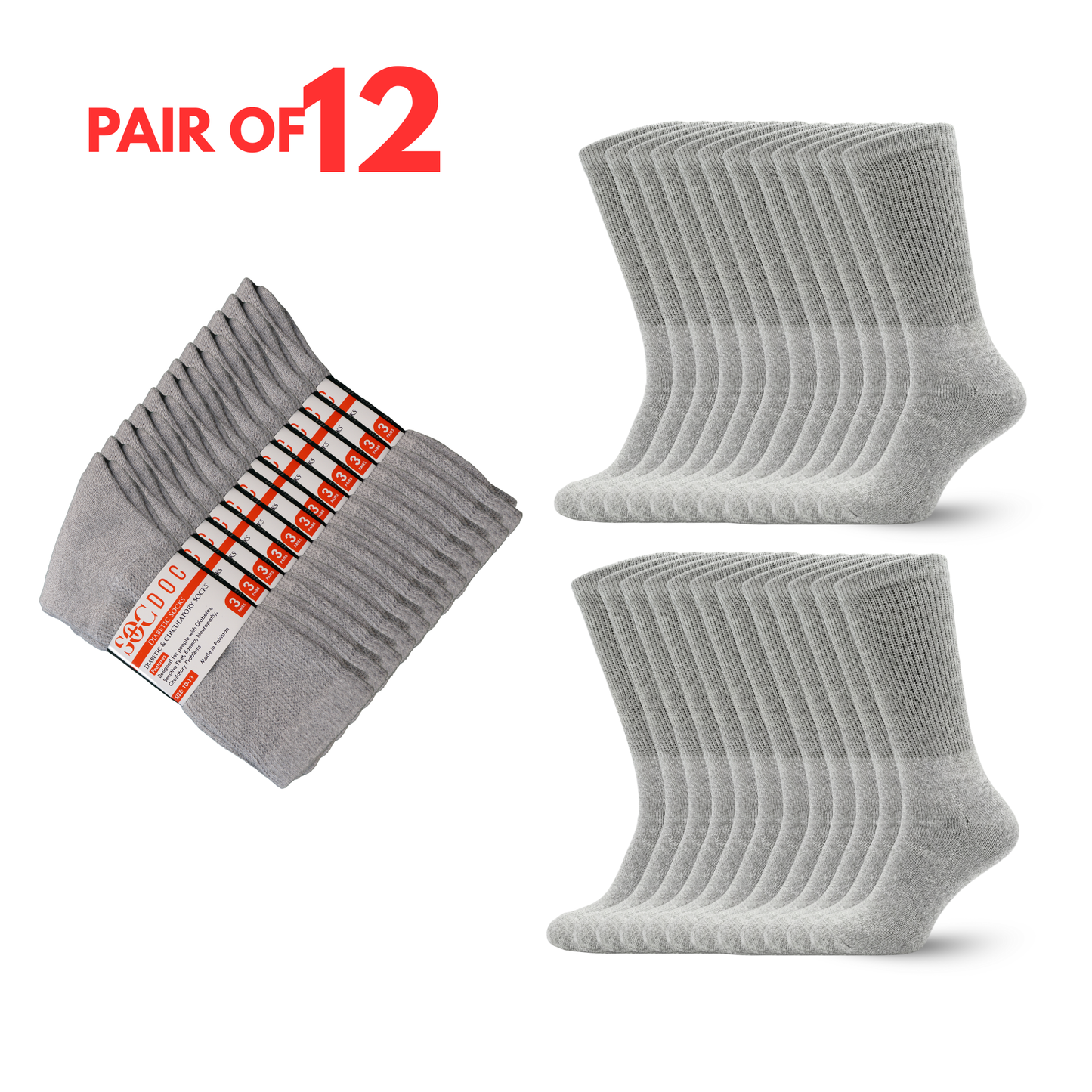 12-Pair Diabetic Crew Socks for Men & Women, Non-Binding Seamless Comfort, Breathable Cotton Blend - Soc Doc