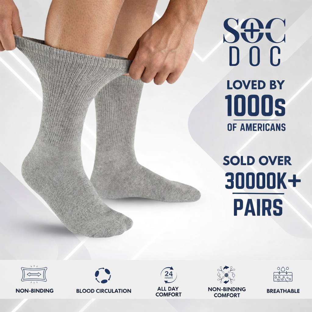 6-Pair Cotton Diabetic Crew Socks – Non-Binding, Loose Fit for Sensitive Feet (Sizes 9–11, 10–13, 13–15) Soc Doc