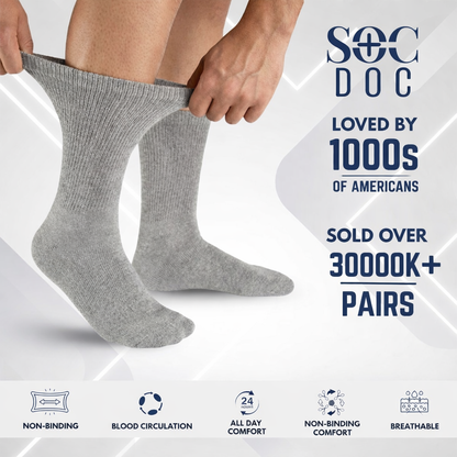 6-Pair Cotton Diabetic Crew Socks – Non-Binding, Loose Fit for Sensitive Feet (Sizes 9–11, 10–13, 13–15) Soc Doc